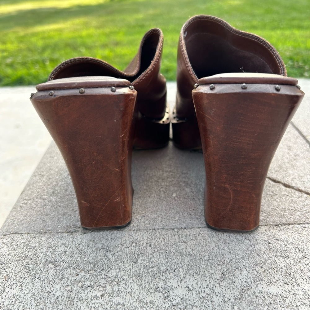 MIA Wooden Leather Studded Platform Heel Mule Clog Shoes Brown 10 - Picture 15 of 16